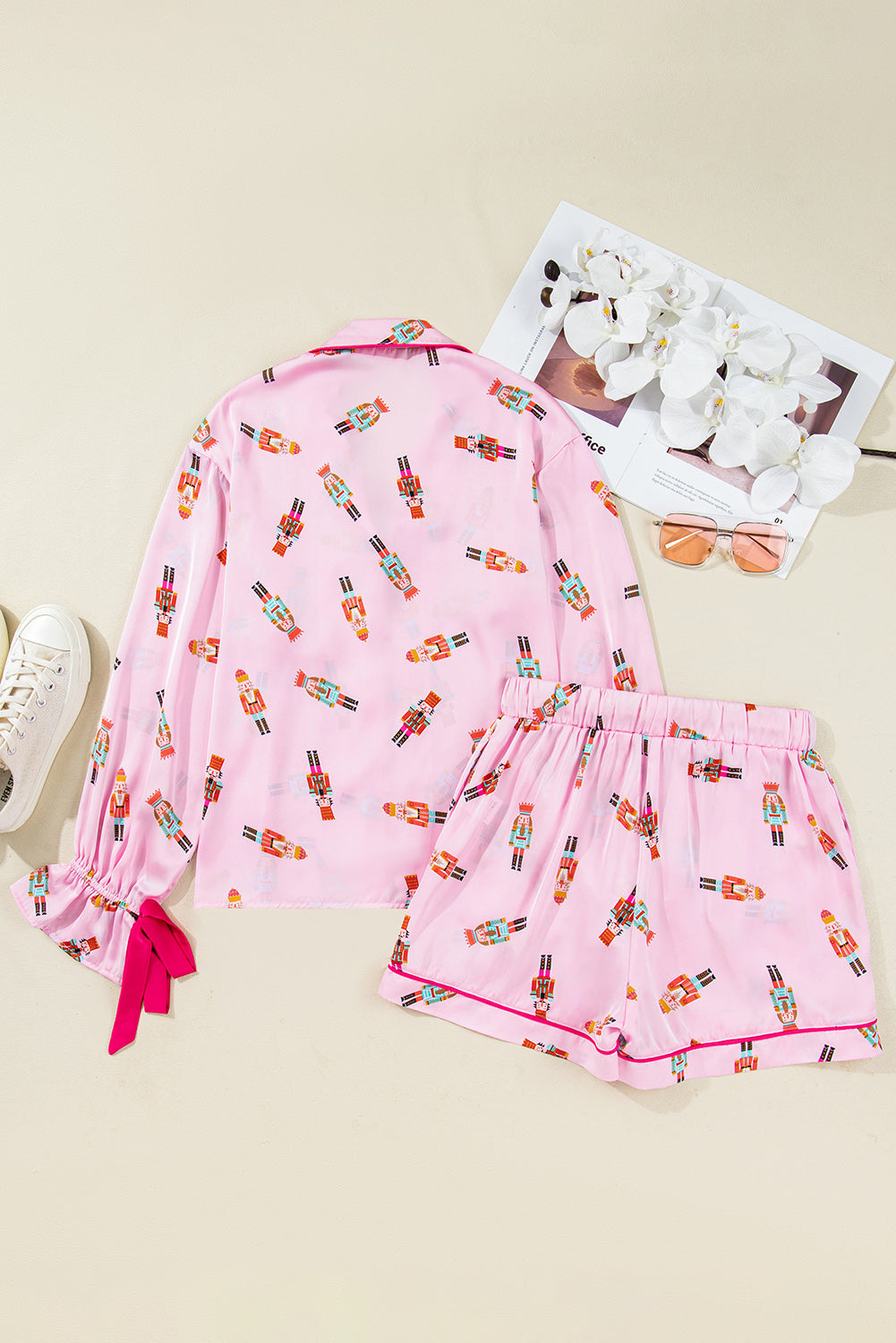 Pink Nutcracker Print Two Piece Pajama Set Contrast Trim Bow Dear-Lover Dropshipping